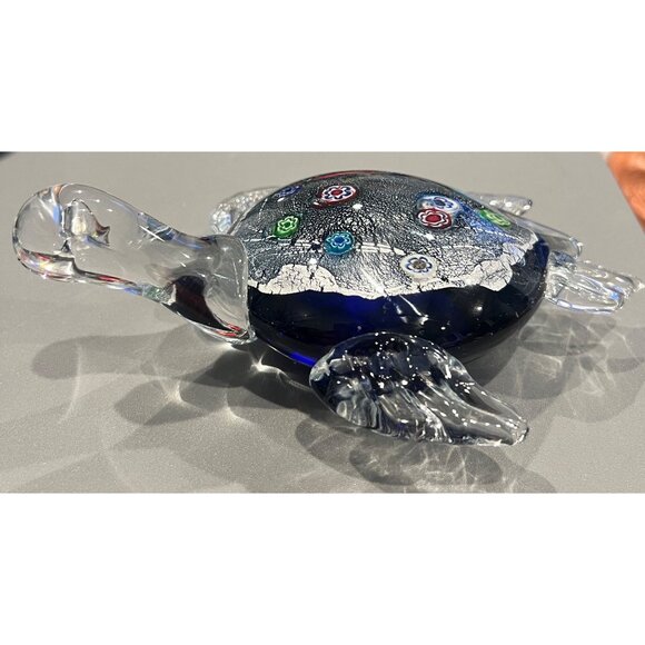 Sea Turtle Paperweight Cobalt Blue Glass With Multi Colored Designs Unmarked - Picture 6 of 10